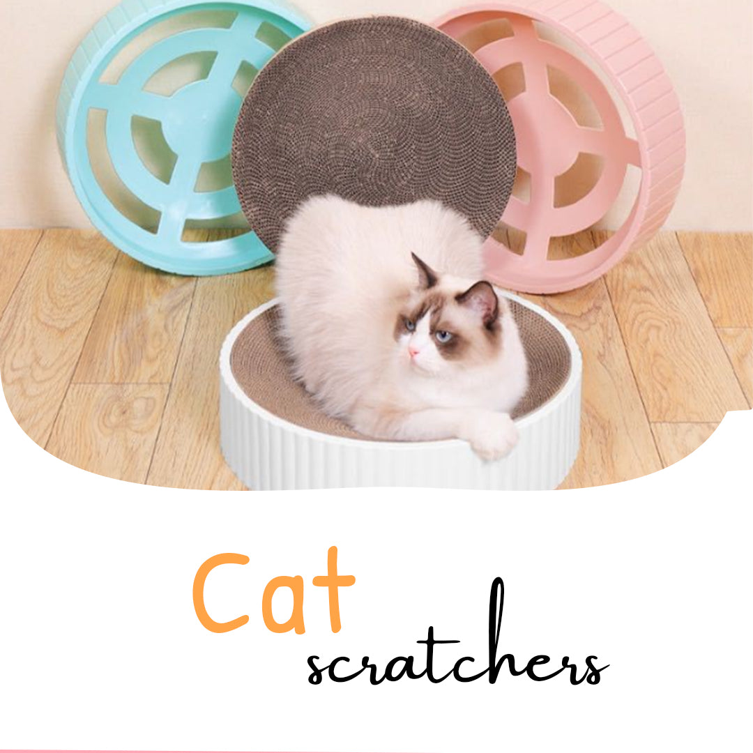 White Cat Scratcher with a pack of Catnip