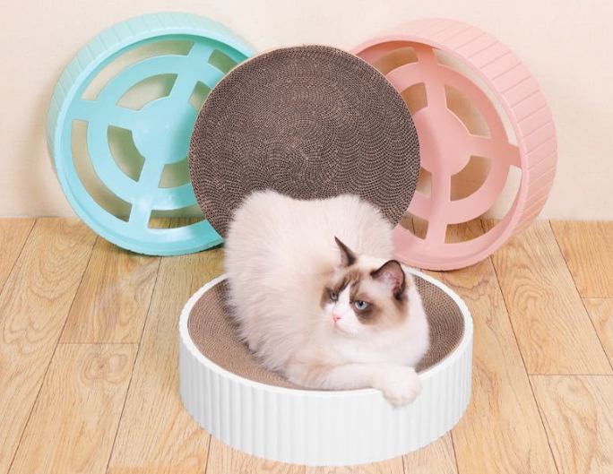 White Cat Scratcher with a pack of Catnip