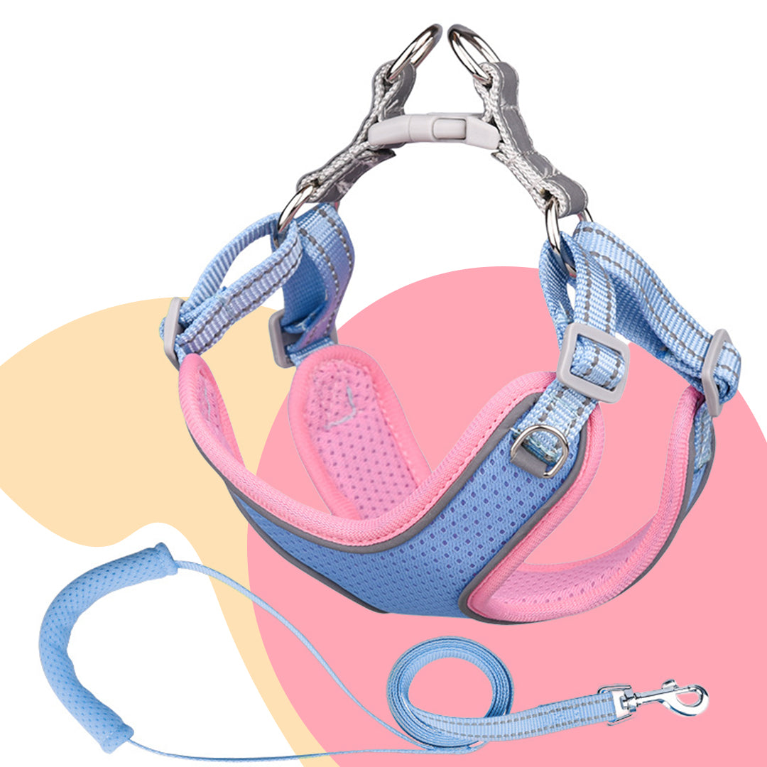 Step-in Flex Dog Harness & Reflective Leash Combo Set (Pink & Blue)