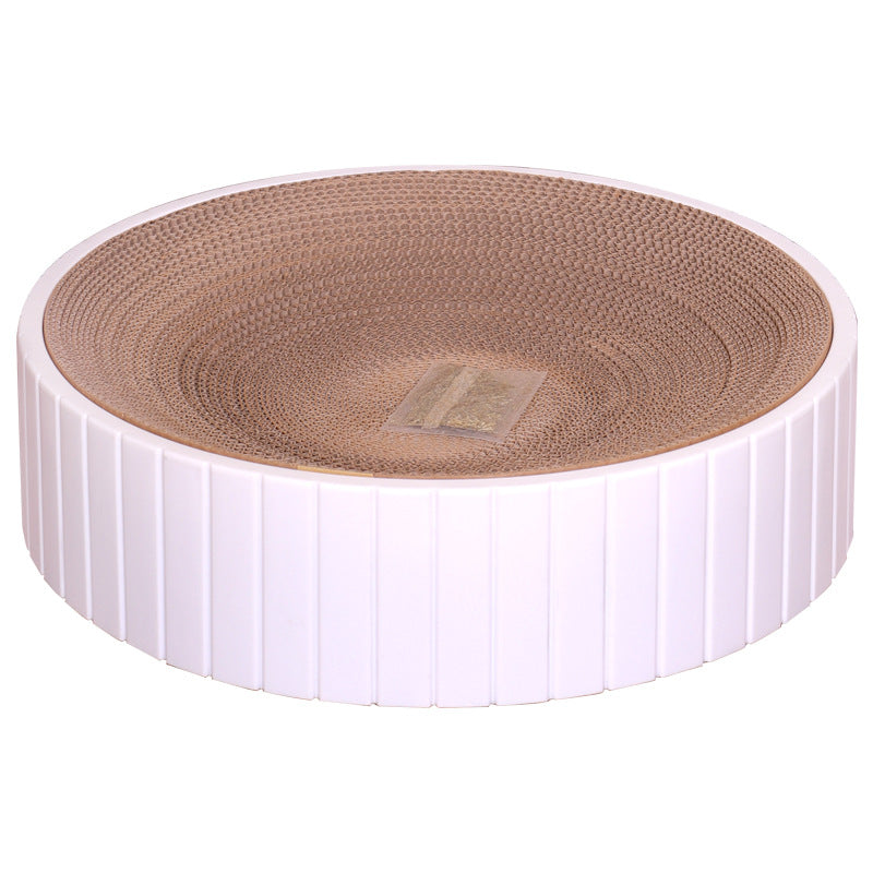 White Cat Scratcher with a pack of Catnip