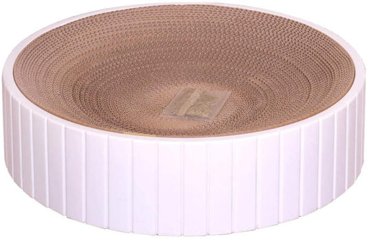 White Cat Scratcher with a pack of Catnip