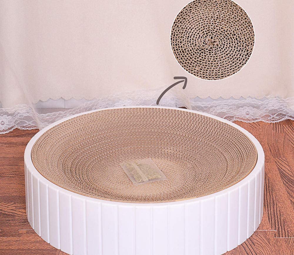 White Cat Scratcher with a pack of Catnip