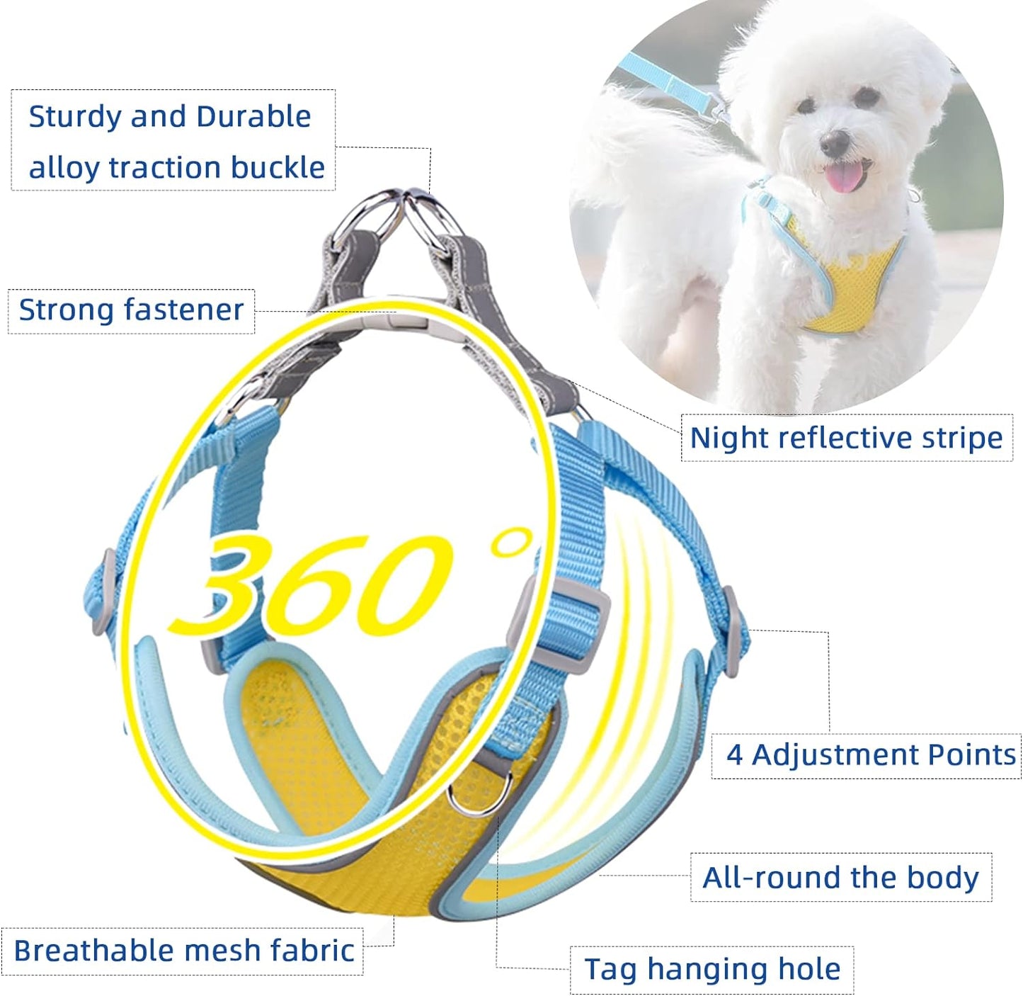 Step-in Flex Dog Harness & Reflective Leash Combo Set (Yellow & Blue)