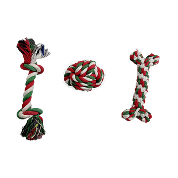 PETSARY (Set of 3) Bone, Ball, & Knotted Xmas Rope Chew Toys Triple Fun