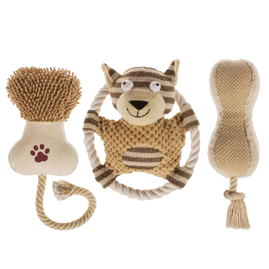 3 Piece Khaki Plush Dog Toy 