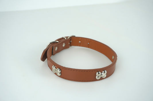 Faux Leather Bone Accent Adjustable Pet Neck Collar 2cm Bone collar Brown