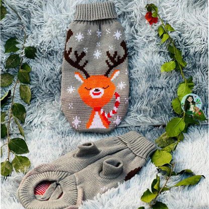 Reindeer Knitted Pet Holiday Sweater (Grey)