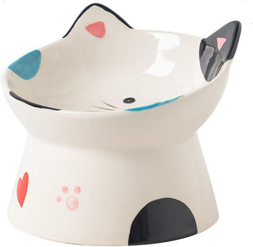 PETSARY Cat Face Shape Ceramic Raised Cat Food Bowl with 1 Pcs