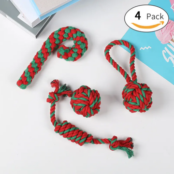 PETSARY (Set of 4) Cane, Ball, Christmas Tug Circle Knotted Rope Toys