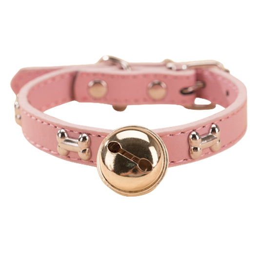 Exquisite PU Leather Cat/Dog Cow Bell Collar: Adorned with Bone Studs (Pink, Small & Medium)