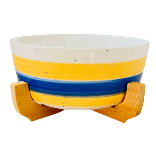 Sunny Skies Splendor: Ceramic Bowl with Bamboo Stand (20.5 x 20.5 x 9.5cm)